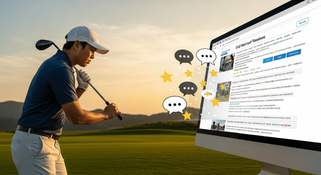 夕暮れのゴルフコースでクラブを構える男性ゴルファーが、目の前に浮かぶモニターに表示されたゴルフ用品のレビューや評価、チャットアイコンを見つめている。