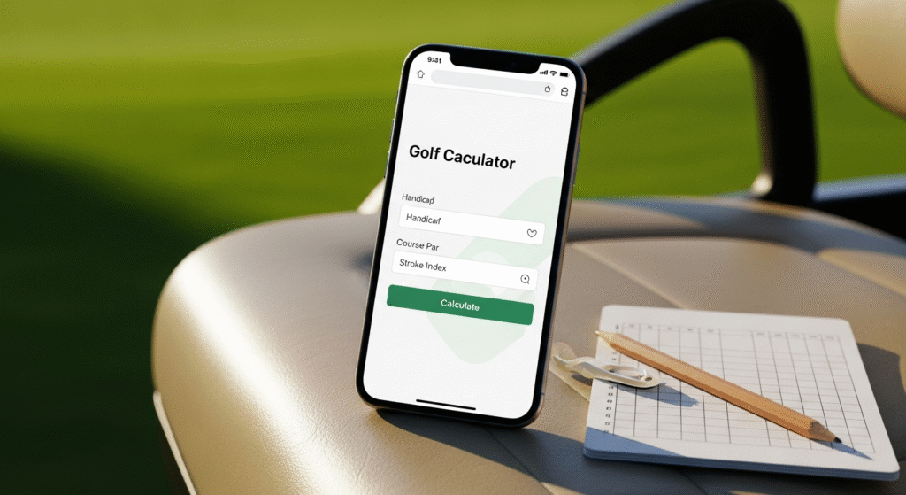ゴルフカートの座席に、ゴルフ計算アプリが表示されたスマートフォンとスコアカード、鉛筆が置かれ、背景にはゴルフコースの緑の芝生が広がっている。