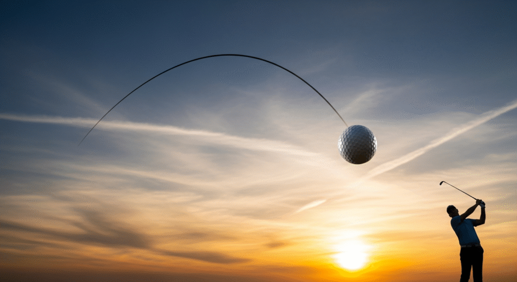 夕焼けの空を背景に、打ち上げられたゴルフボールの飛行軌跡と、スイングを終えたゴルファーのシルエットが描かれています。