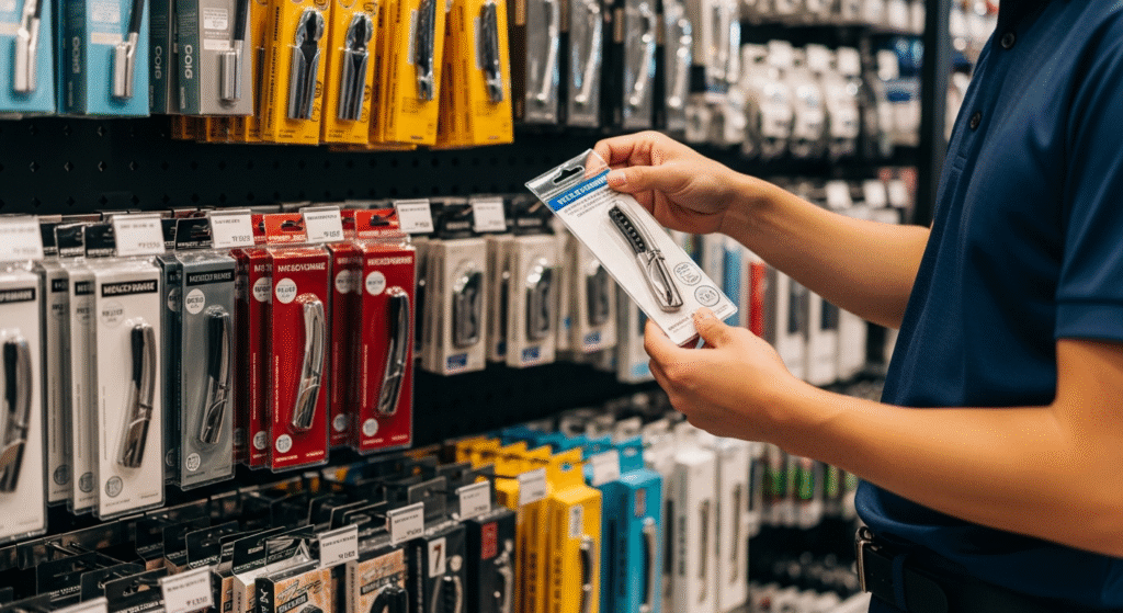 店内で、青いポロシャツを着た人物が、陳列された多くの商品の中から銀色の多機能ツールが入ったパッケージを手に取って見ている。