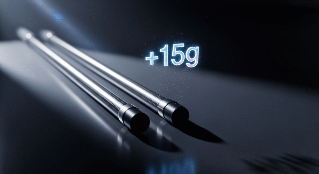 反射する暗い背景に2本の光沢のあるシャフトが並べられ、右上に青く光る「+15g」の文字が表示されています。