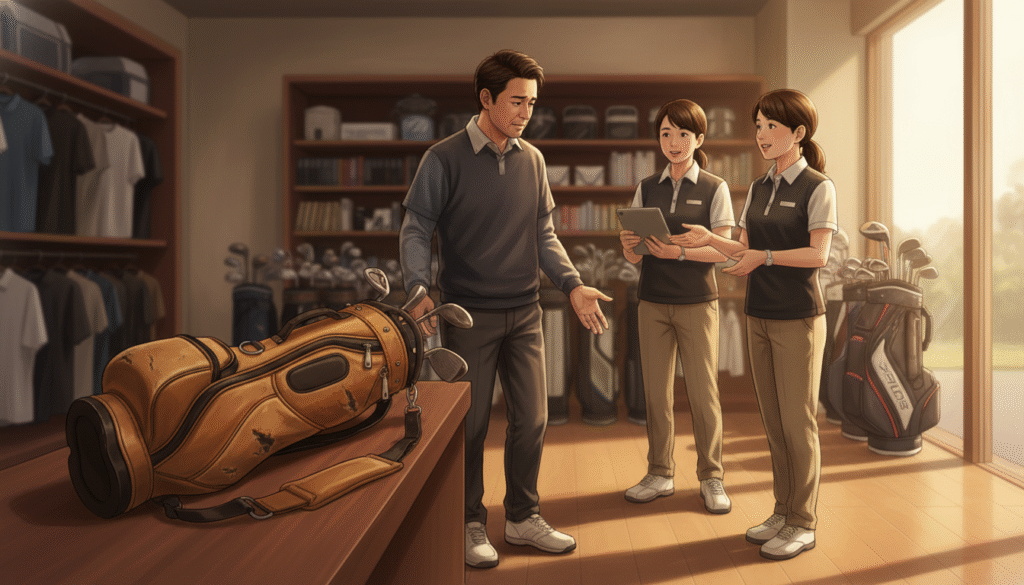 ゴルフ用品店で、男性が使い古されたゴルフバッグについて2人の女性店員と話している様子。