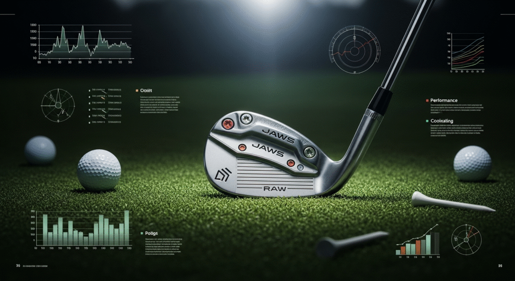 芝生の上に置かれたJAWS RAWゴルフウェッジとゴルフボール、そして周囲に表示された複数のデータグラフ。