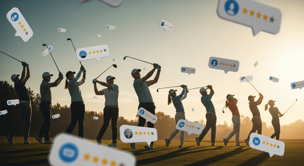 夕暮れのゴルフコースでゴルフスイングをする複数の人物と、上空に多数浮かぶ星評価の吹き出しが描かれた画像。