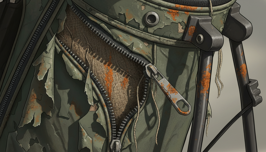 ジッパーが開き内側の繊維が露出した破れた緑色の布地と、錆びた金属部品が描かれたイラスト。