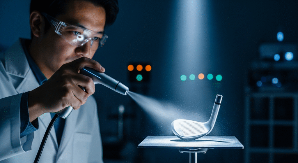 暗いラボで、白衣と保護メガネを着用した男性が、精密な機器を使ってゴルフのクラブヘッドに微細な霧を噴霧し、試験を行っている様子。