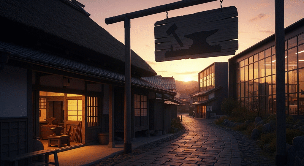 夕焼け空の下、鍛冶屋の看板が吊るされた石畳の道沿いに、伝統的な日本家屋と近代的な建物が並んでいる。