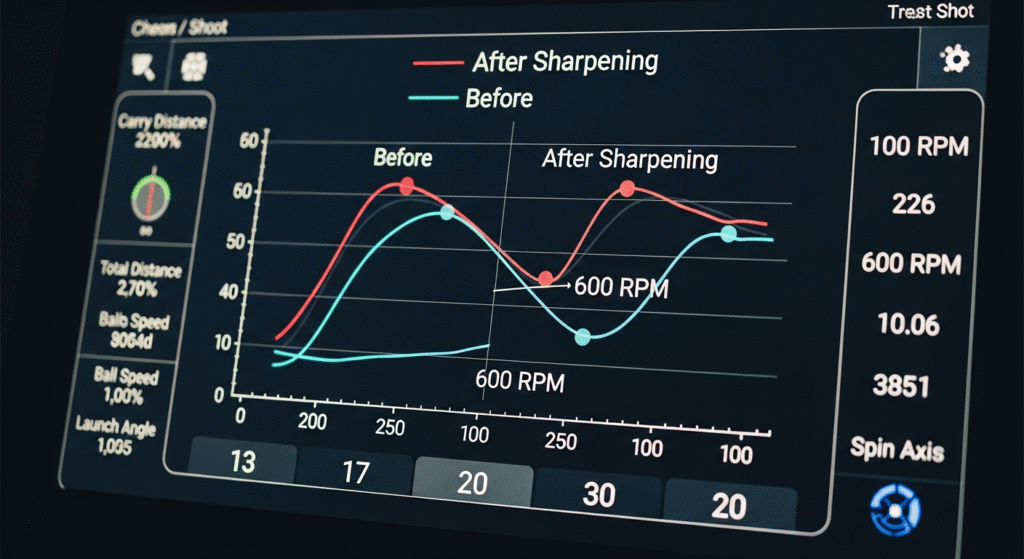デジタルディスプレイには、ゴルフスイングのデータを分析する画面が表示されており、赤と水色の2本の折れ線グラフで「Before」と「After Sharpening」の性能比較、および飛距離やボール速度、スピン量などの関連数値が示されています。