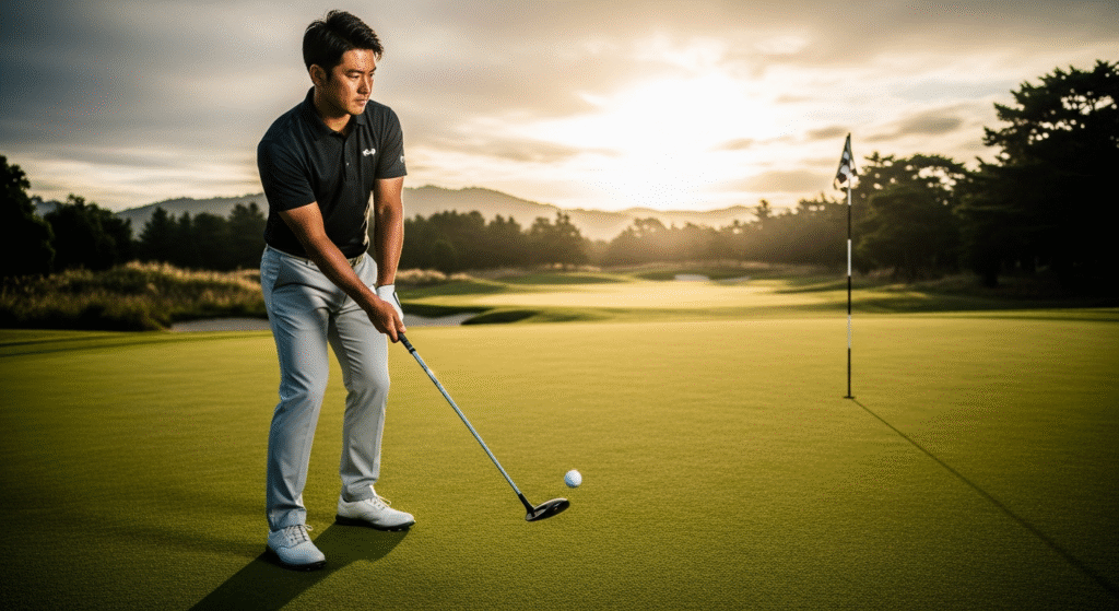 夕焼けの光が差し込むゴルフコースのグリーンで、ボールを打つ瞬間の男性ゴルファーと、遠くに立つピンフラッグが写っています。