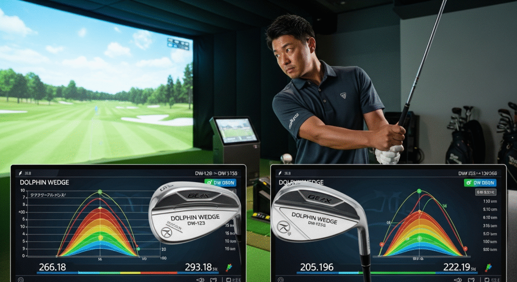 ゴルフシミュレーターでゴルフクラブを振る男性が、バーチャルゴルフコースの画面とクラブの性能データを表示する2つのモニターに囲まれています。