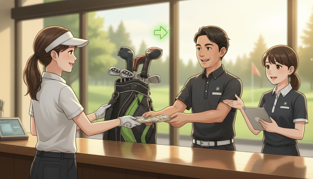 ゴルフ場のカウンターで、男性客が女性スタッフに料金を支払い、ゴルフバッグのそばでタブレットを持つもう一人のスタッフが案内している様子。
