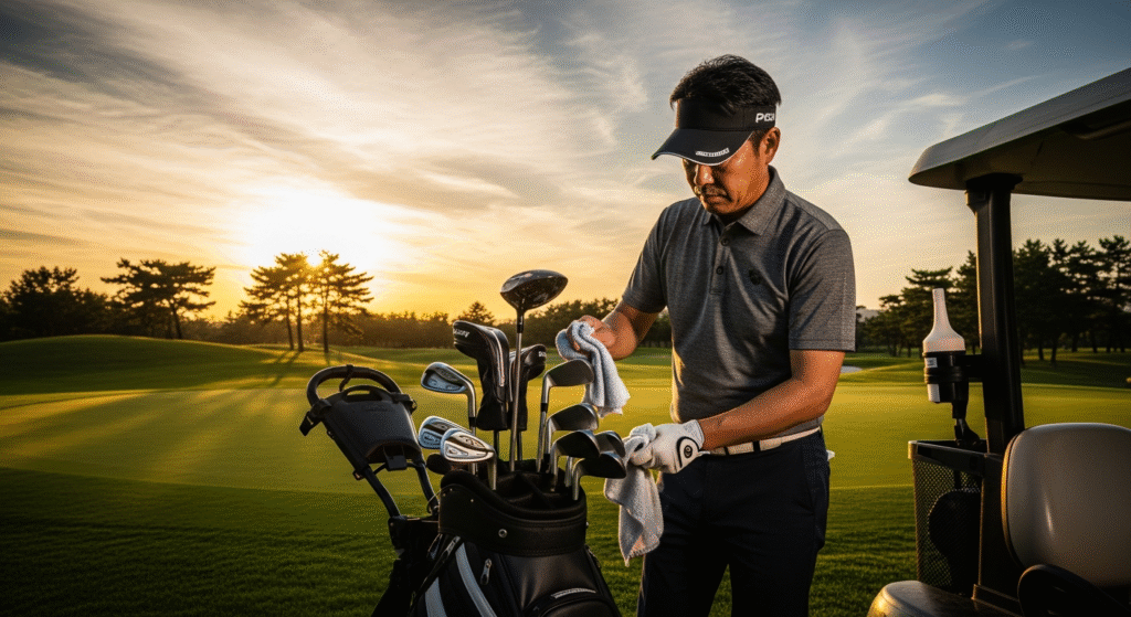 夕暮れのゴルフコースで、男性がゴルフカートとゴルフバッグのそばでゴルフクラブの手入れをしています。