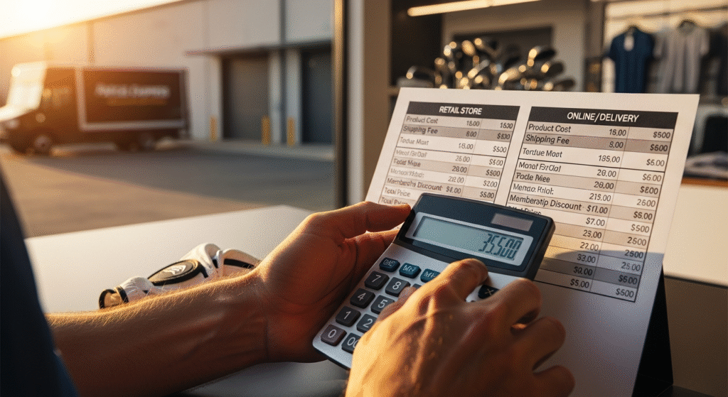 夕暮れの光が差し込む窓辺で、男性が電卓を使い、配送トラックを背景に小売店とオンライン配送の費用比較表を計算しています。