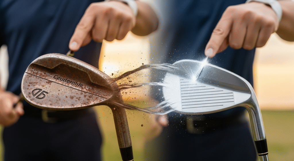 指によって、錆びた古いゴルフクラブが光り輝く新品のゴルフクラブへと変化する様子が表現された合成画像です。