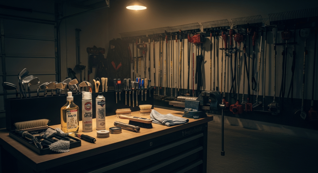 ガレージの作業場を写した写真で、ゴルフ道具のメンテナンス用品や万力が置かれた作業台と、レーキや草刈り機などの工具が整理された壁が、頭上のライトに照らされています。
