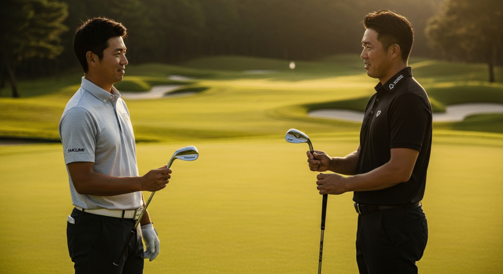 ゴルフコースで2人の男性が向き合って立ち、それぞれゴルフクラブを手にしています。