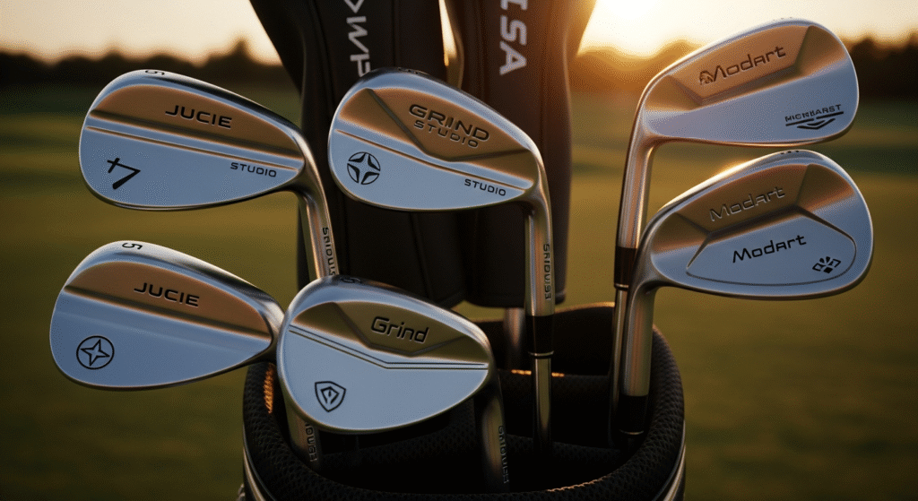 夕焼けを背景に、JUCIE、Grind Studio、Modartなどのロゴが施された複数のゴルフウェッジがゴルフバッグに立てられています。