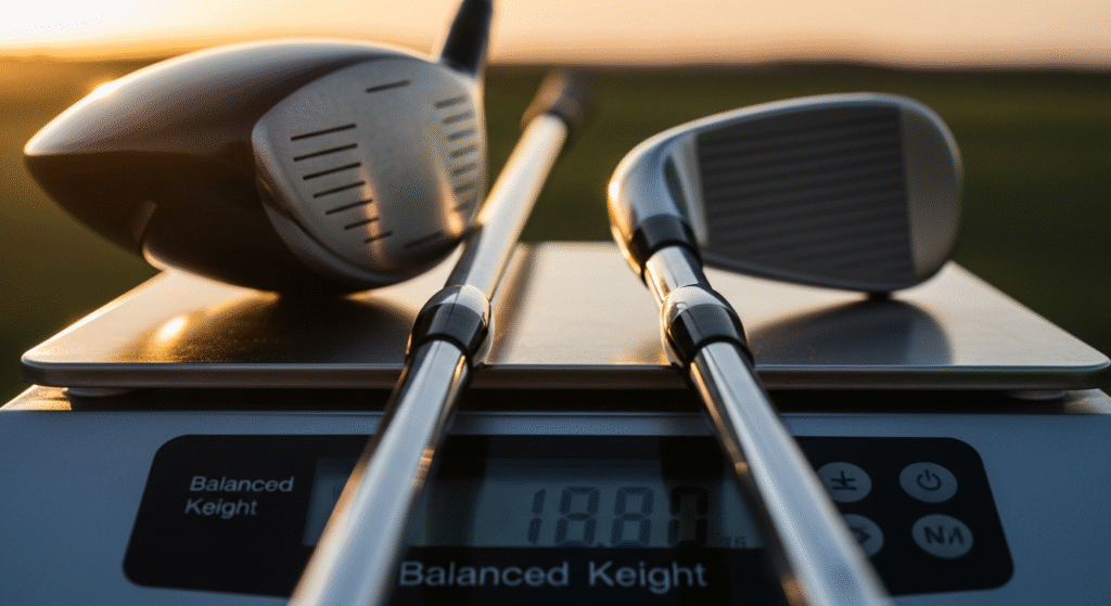 夕焼けに照らされた2本のゴルフクラブが、「Balanced Keight」と書かれたデジタルスケールに載せられ、ディスプレイには18.80と表示されています。