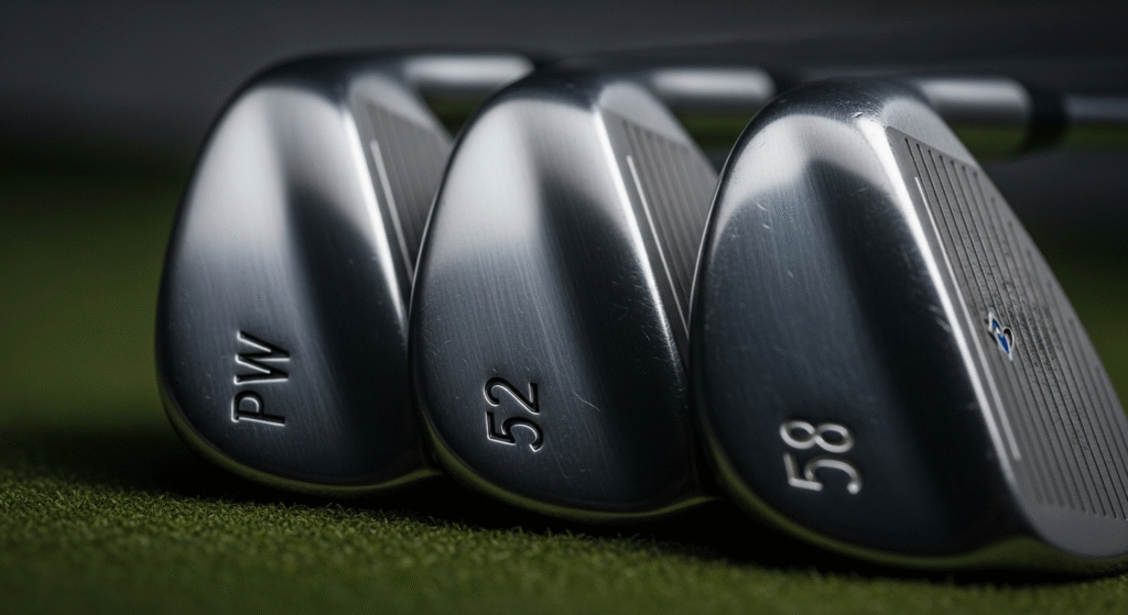 緑の芝生の上に、PW、52、58と刻印された3本の銀色のゴルフウェッジが並んでいます。