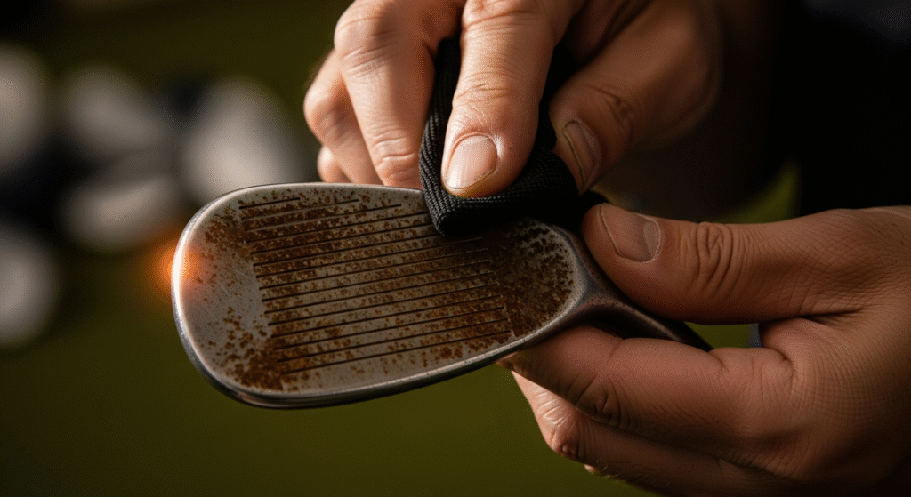 錆びたゴルフクラブのフェースを、黒い布で拭く手のクローズアップ。