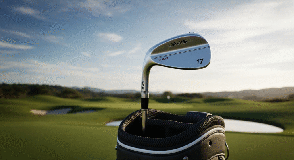 緑豊かなゴルフコースを背景に、ゴルフバッグに挿された「JAWS RAW」と書かれたシルバーのウェッジが手前に大きく写っている画像。