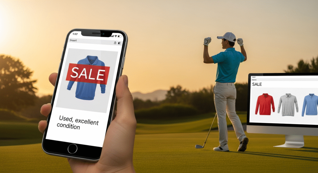 夕暮れのゴルフコースを背景に、ゴルフウェアのオンラインセールが表示されたスマートフォンとデスクトップモニターが手前にあり、奥ではゴルファーが喜びのポーズをとっています。