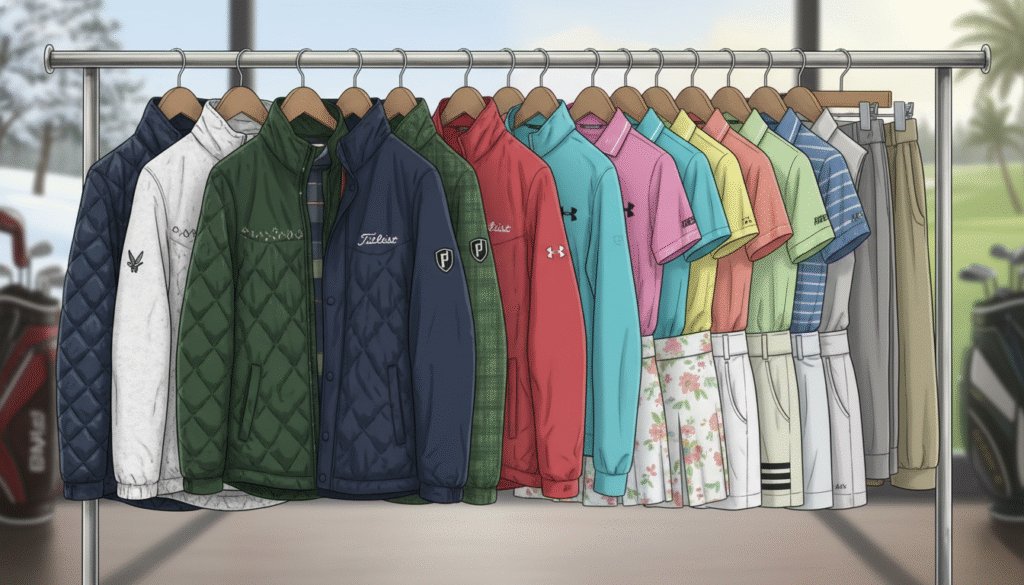 ハンガーラックに、ジャケット、ポロシャツ、スカートなどの多様なゴルフウェアが吊るされており、背景には季節の異なるゴルフ場が見えます。