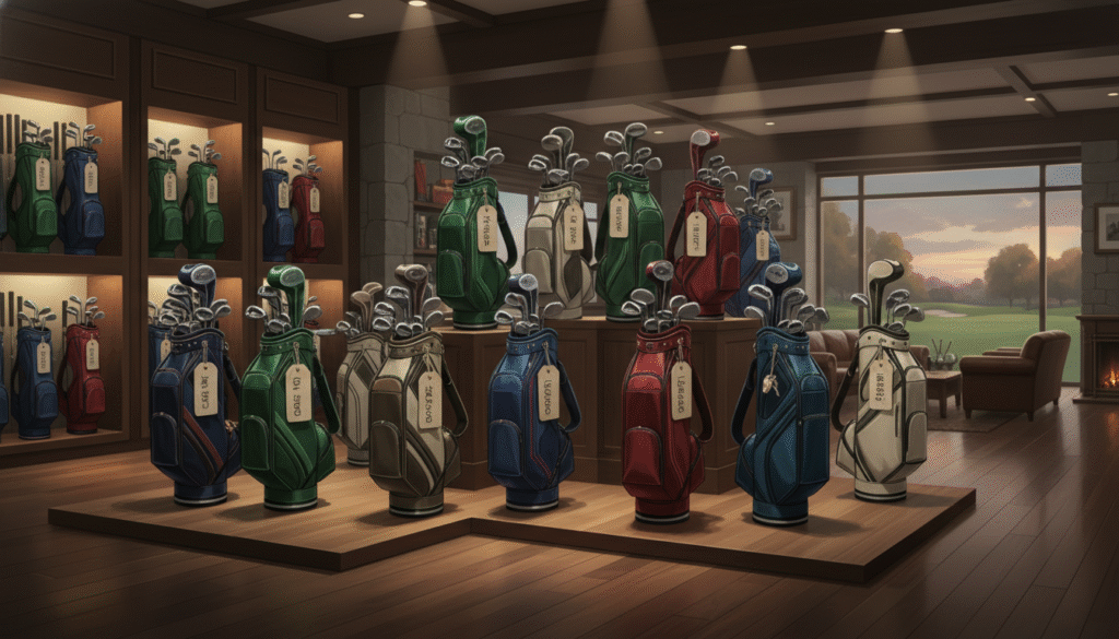 ゴルフクラブとバッグが多数並べられた高級感のある店内で、窓からは美しいゴルフコースが見えます。