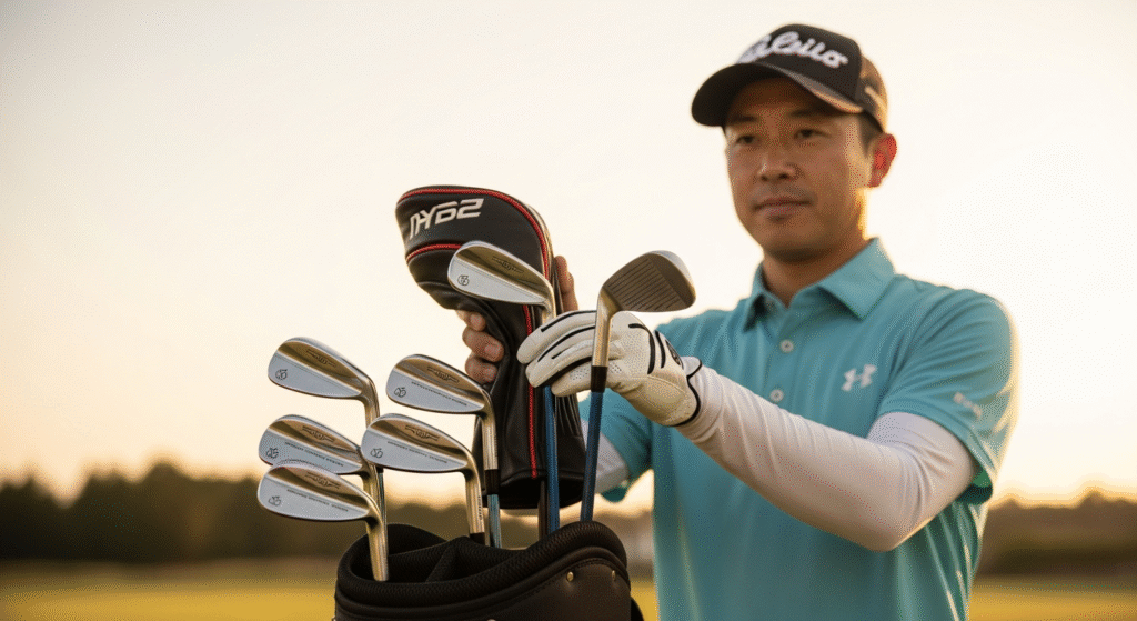 夕焼けを背景に、男性ゴルファーがゴルフバッグからクラブを選んでいる。