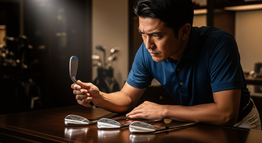 真剣な表情でゴルフクラブを吟味する男性と、テーブルに並べられた複数のゴルフクラブ。