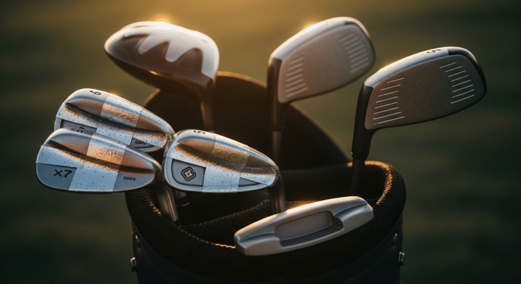 ゴルフバッグに立てられた複数のゴルフクラブが、夕焼けの光を反射して輝いている。