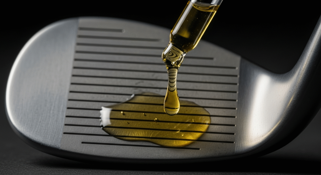 ゴルフクラブの溝があるフェースに、スポイトから黄色い液体が滴り落ち、溜まっている様子。