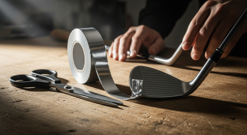 木製のテーブルの上で、ハサミと銀色のテープを使ってゴルフクラブのフェースにテープを貼る手元が写されている。