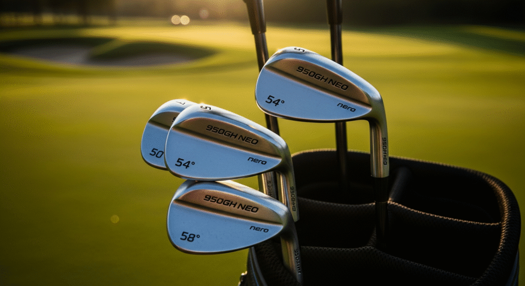 夕焼けの光に照らされた複数のゴルフウェッジが、ゴルフバッグに立てられ、緑豊かなゴルフコースを背景に写っています。