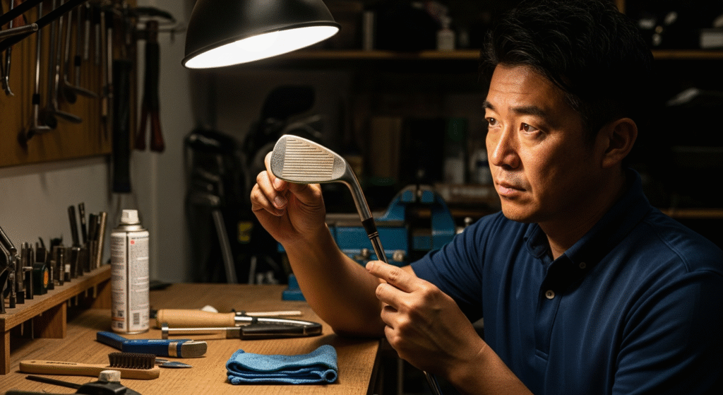 作業台のランプの光の下、アジア人男性がゴルフのクラブヘッドを真剣に点検しています。