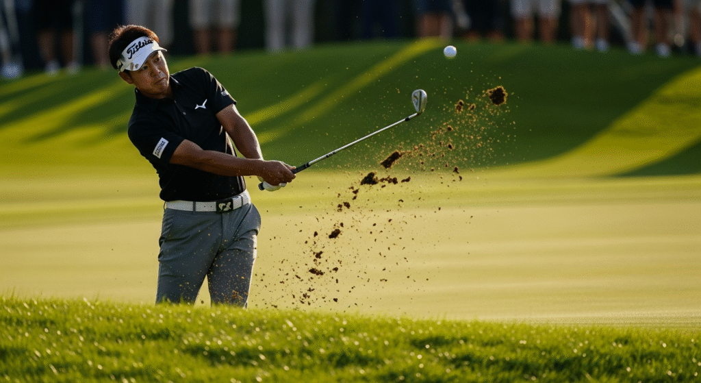 ゴルフコースで、ボールを打ち、大量の土を舞い上げている男性ゴルファー。
