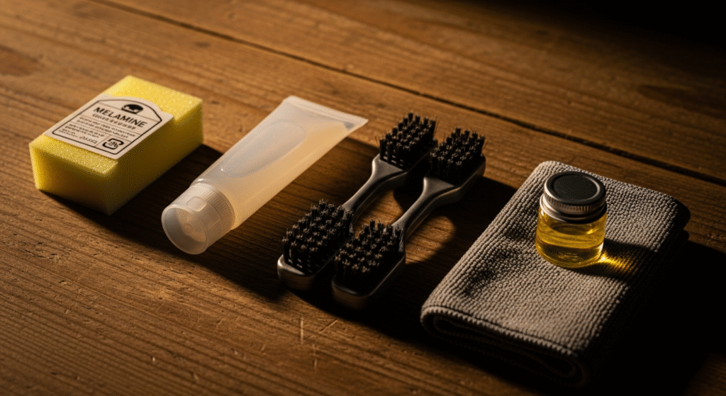 木製のテーブルの上に、メラミンスポンジ、透明なチューブ、2本のブラシ、折り畳まれた布、黄色い液体が入った小さな瓶が並べられています。