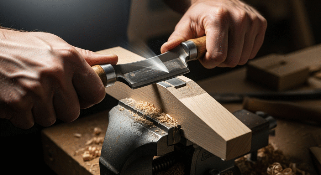 万力に固定された木材を、職人の手が鉋で削っており、削り屑が散らばっている木工作業の様子。