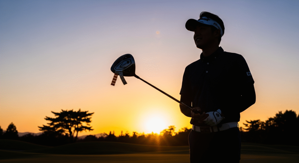 夕焼けを背景に、ドライバーを持つゴルファーのシルエットが写っています。