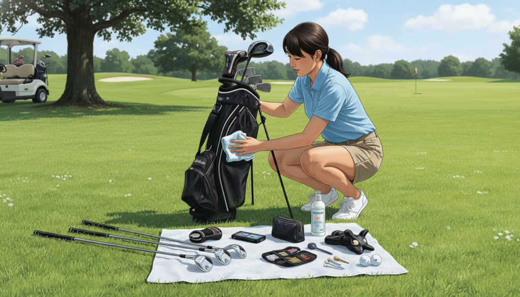 ゴルフコースの芝生の上で、ゴルフウェアを着た女性がしゃがみ込み、タオルを使ってゴルフクラブやバッグの手入れをしています。
