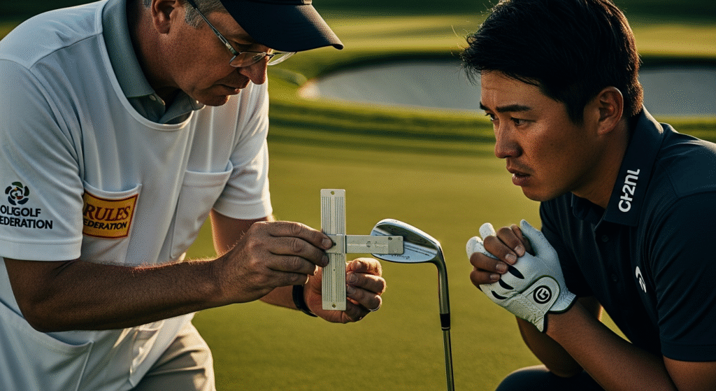 ゴルフコースで、競技委員が測定器でゴルファーのクラブを検査し、ゴルファーが真剣な表情で見つめている。