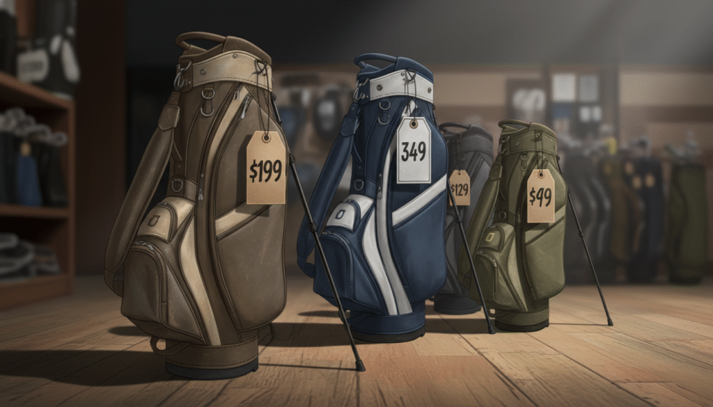 ゴルフ用品店の店内に、異なる価格（$199, $349, $129, $49）のタグが付いた4つのゴルフバッグが並べられている。