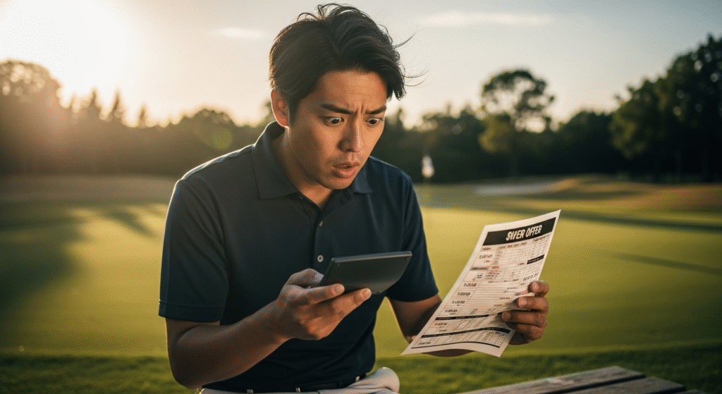 夕暮れのゴルフコースで、驚いた表情の男性が、手に持った書類とデバイスを見比べている。