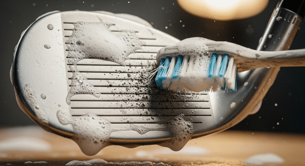 泡のついた歯ブラシでゴルフクラブのフェースが洗浄されており、半分がきれいになり、もう半分には黒い土汚れが残っている状態。