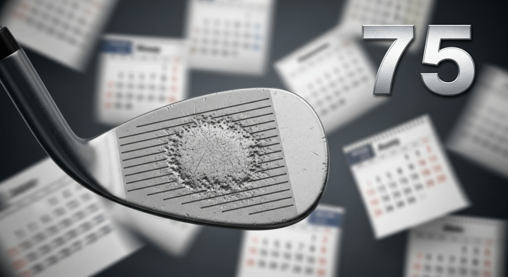 打痕が刻まれたゴルフウェッジのフェースが手前にあり、背景にはぼかされたカレンダーと数字の「75」が配置されています。