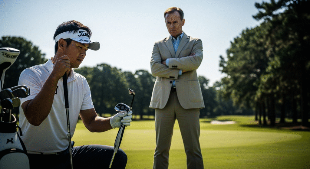 晴れたゴルフコースで、若いゴルファーがゴルフクラブを選んでおり、スーツを着た男性が腕組みをしてその様子を見つめている。