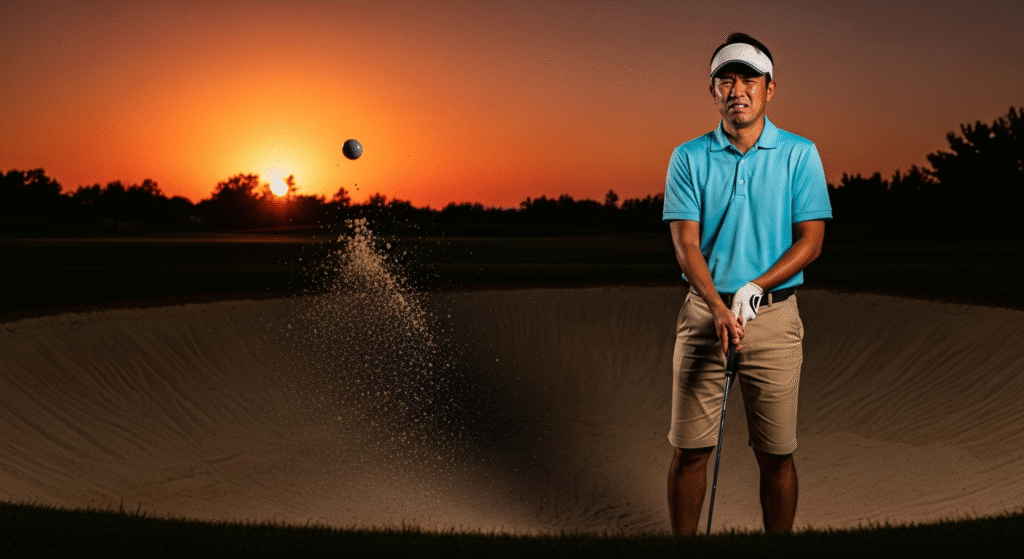 夕焼けのゴルフコースで、バンカーから飛び散るゴルフボールと砂を見つめ、渋い顔をするゴルファーの姿。