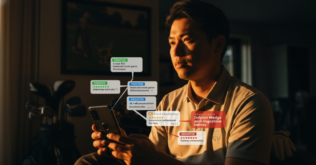 スマートフォンを操作する男性の周りに、ポジティブおよびネガティブな感情のレビューと星評価を示す吹き出しが浮かび上がっている。