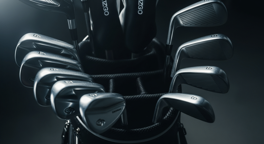 ゴルフバッグに整然と並べられた複数の光沢のある金属製ゴルフクラブのクローズアップ画像。