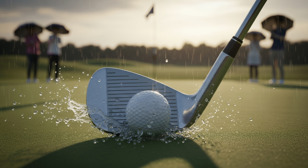 雨が降るゴルフコースのグリーンで、ゴルフクラブが水しぶきを上げながらゴルフボールを打つ瞬間をクローズアップで捉え、背景には傘をさした数人のゴルファーがぼんやりと見える。